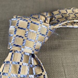 Platinum Designs Mens Silk Necktie Gold Blue Geometric Checkered Hand Made Tie
